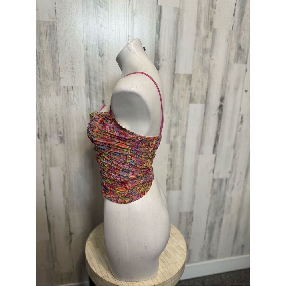 Pink Multicolor Lace-Up Ruched Crop Top - Picture 2 of 6